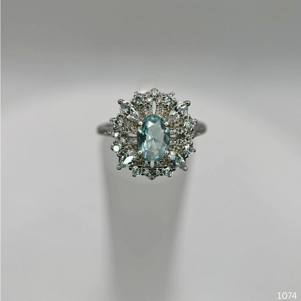 Aquamarine Sterling 925 Silver Halo Ring Size 6 Oval Blue Statement